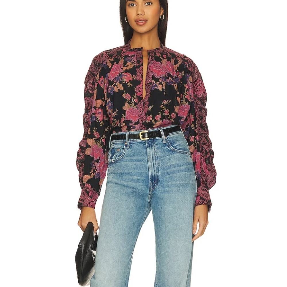 Free People Maraya Top Womens Size Large Black Combo Mixed Floral Puff Sleeves - Picture 11 of 11